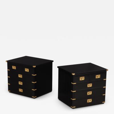 Pair of Campaign Style Ebonized Mahogany Nightstands C 1950