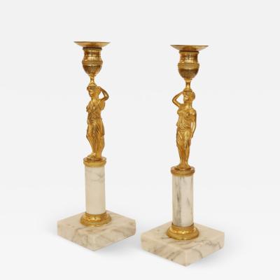 Pair of Candleholders with Karyatids Bronze Marble Early 19th Century