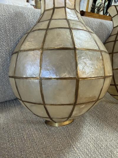 Pair of Capiz Shell and Brass Wall Sconces Large 1970s