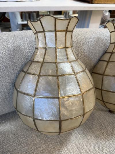 Pair of Capiz Shell and Brass Wall Sconces Large 1970s