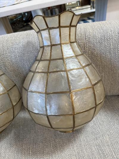 Pair of Capiz Shell and Brass Wall Sconces Large 1970s