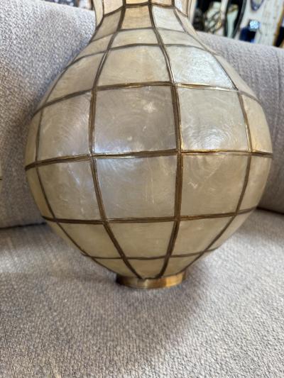 Pair of Capiz Shell and Brass Wall Sconces Large 1970s