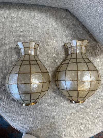 Pair of Capiz Shell and Brass Wall Sconces Large 1970s