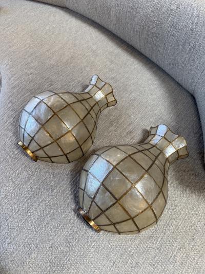Pair of Capiz Shell and Brass Wall Sconces Large 1970s