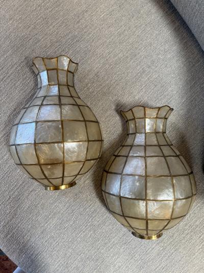 Pair of Capiz Shell and Brass Wall Sconces Large 1970s
