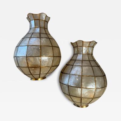 Pair of Capiz Shell and Brass Wall Sconces Large 1970s