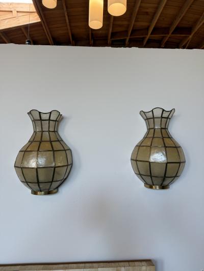 Pair of Capiz Shell and Brass Wall Sconces Small 1970s