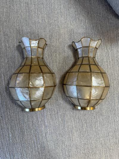 Pair of Capiz Shell and Brass Wall Sconces Small 1970s