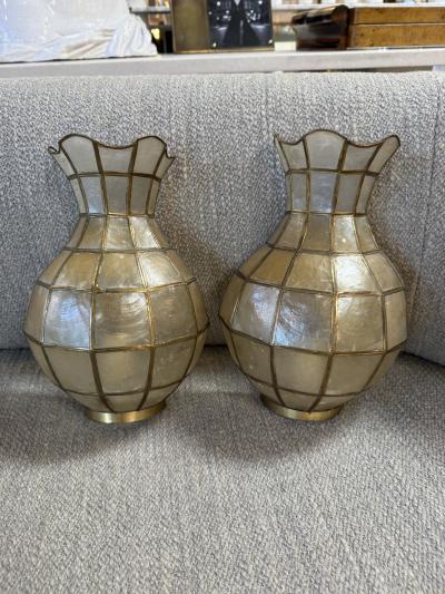 Pair of Capiz Shell and Brass Wall Sconces Small 1970s