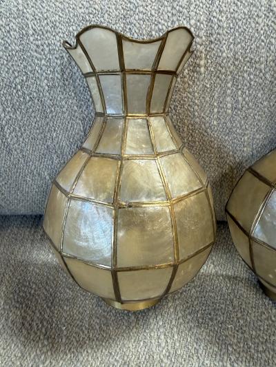 Pair of Capiz Shell and Brass Wall Sconces Small 1970s