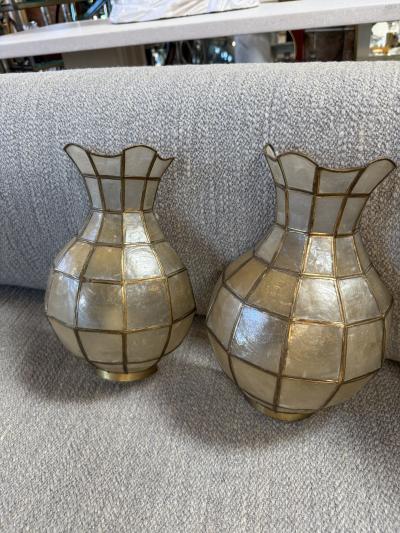 Pair of Capiz Shell and Brass Wall Sconces Small 1970s