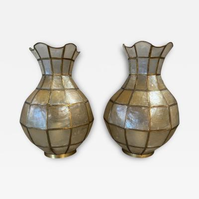 Pair of Capiz Shell and Brass Wall Sconces Small 1970s