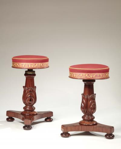 Pair of Carved Mahogany Adjustable Piano Stools