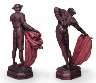 Pair of Carved Pine Toreadors with Red Capes