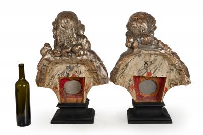 Pair of Carved Polychromed Wood Reliquary Busts of Saints 17th 18th Century