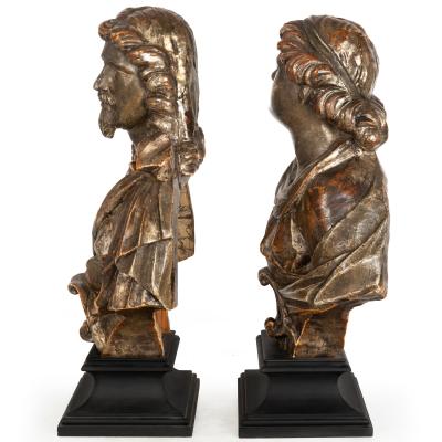 Pair of Carved Polychromed Wood Reliquary Busts of Saints 17th 18th Century