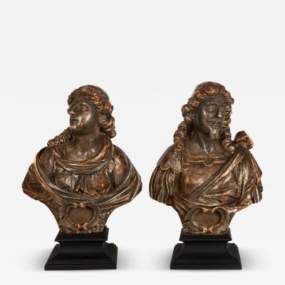 Pair of Carved Polychromed Wood Reliquary Busts of Saints 17th 18th Century