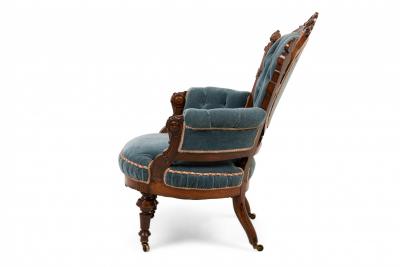 Pair of Carved Rosewood and Tufted Powder Blue Velvet Armchairs