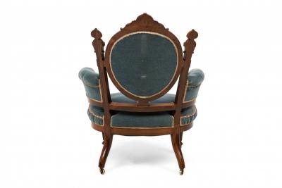 Pair of Carved Rosewood and Tufted Powder Blue Velvet Armchairs