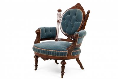 Pair of Carved Rosewood and Tufted Powder Blue Velvet Armchairs