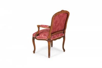 Pair of Carved Walnut and Pink and Red Damask Upholstered Armchairs