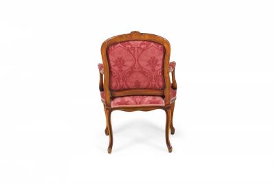 Pair of Carved Walnut and Pink and Red Damask Upholstered Armchairs