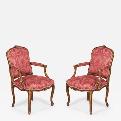 Pair of Carved Walnut and Pink and Red Damask Upholstered Armchairs