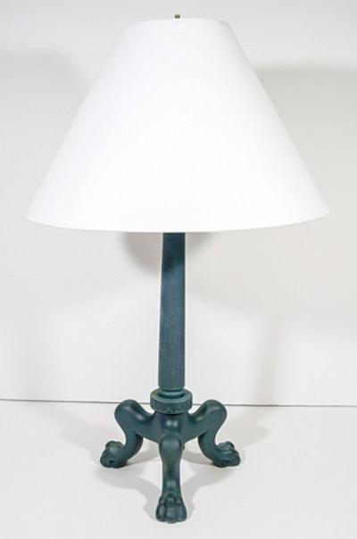 Pair of Cast Plaster Roman Style Tripod Base Lamps in Patinated Bronze Finish