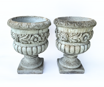 Pair of Cast Stone Planters with Roses circa 1940