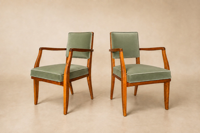 Pair of Cavi na Wood Armchairs in Thick Green Velvet Mid 20thC Lot 954