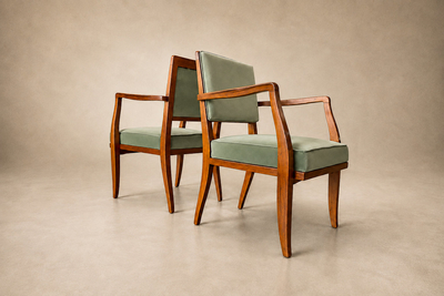 Pair of Cavi na Wood Armchairs in Thick Green Velvet Mid 20thC Lot 954