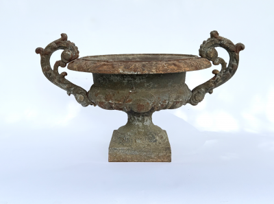 Pair of Chambord Cast Iron Urns with Weathered Patina circa 1850