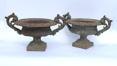 Pair of Chambord Cast Iron Urns with Weathered Patina circa 1850