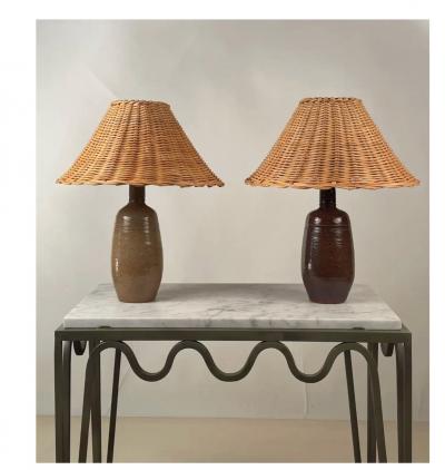 Pair of Chic Gourde Terracotta and Rattan Lamps by Design Fr res