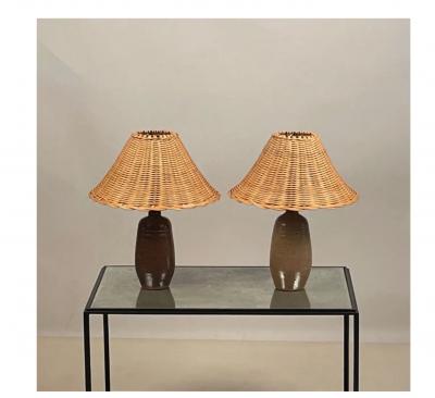 Pair of Chic Gourde Terracotta and Rattan Lamps by Design Fr res
