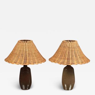 Pair of Chic Gourde Terracotta and Rattan Lamps by Design Fr res