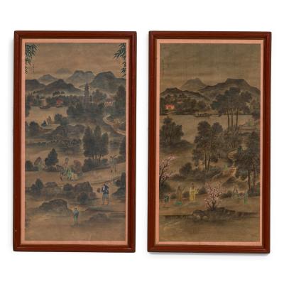 Pair of Chinese 19th C watercolors of genre scenes in red lacquered frames