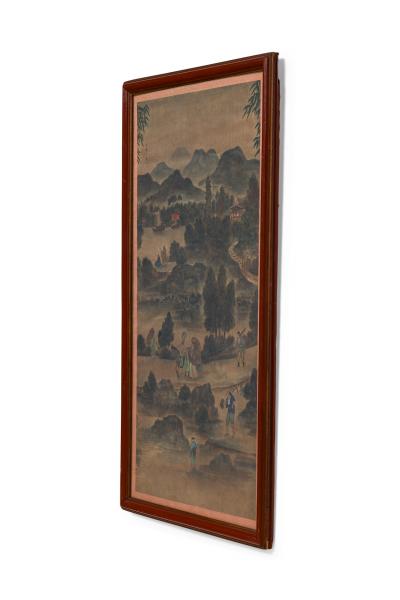 Pair of Chinese 19th C watercolors of genre scenes in red lacquered frames