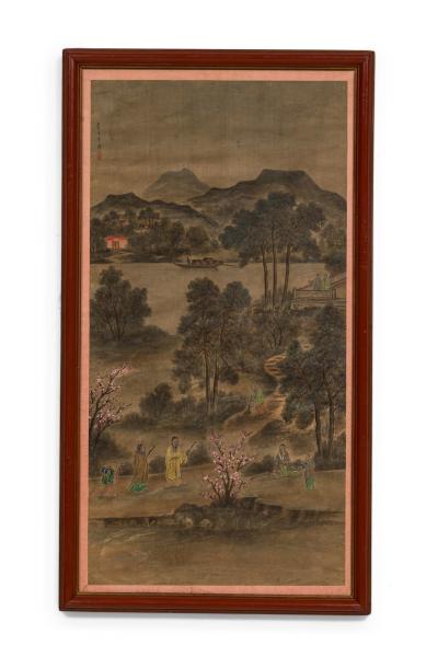 Pair of Chinese 19th C watercolors of genre scenes in red lacquered frames