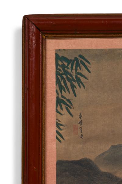 Pair of Chinese 19th C watercolors of genre scenes in red lacquered frames