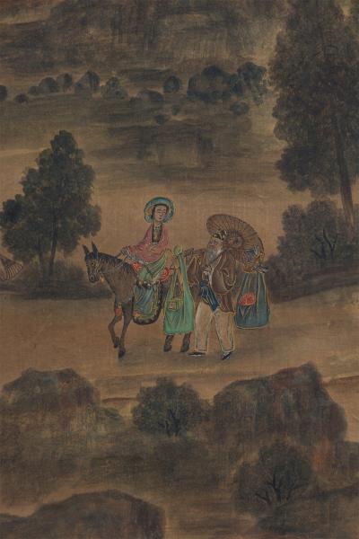 Pair of Chinese 19th C watercolors of genre scenes in red lacquered frames