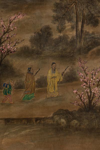Pair of Chinese 19th C watercolors of genre scenes in red lacquered frames