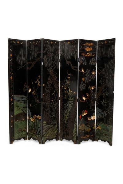 Pair of Chinese 19th Century Carved 6 Panel Chinoiserie Folding Screens with Gil