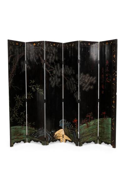 Pair of Chinese 19th Century Carved 6 Panel Chinoiserie Folding Screens with Gil
