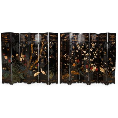 Pair of Chinese 19th Century Carved 6 Panel Chinoiserie Folding Screens with Gil