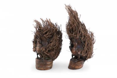 Pair of Chinese Bamboo Root Carved Peacock Sculptures
