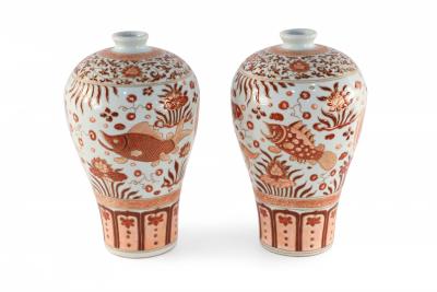 Pair of Chinese Beige and Orange Fish Design Meiping Porcelain Vases