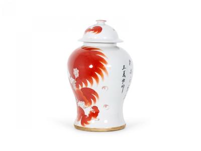 Pair of Chinese Beige and Orange Foo Dog Patterned Porcelain Lidded Ginger Jars