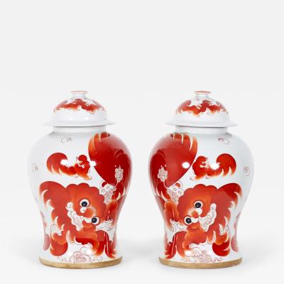 Pair of Chinese Beige and Orange Foo Dog Patterned Porcelain Lidded Ginger Jars