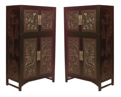 Pair of Chinese Black Lacquered Coromandel Cabinets